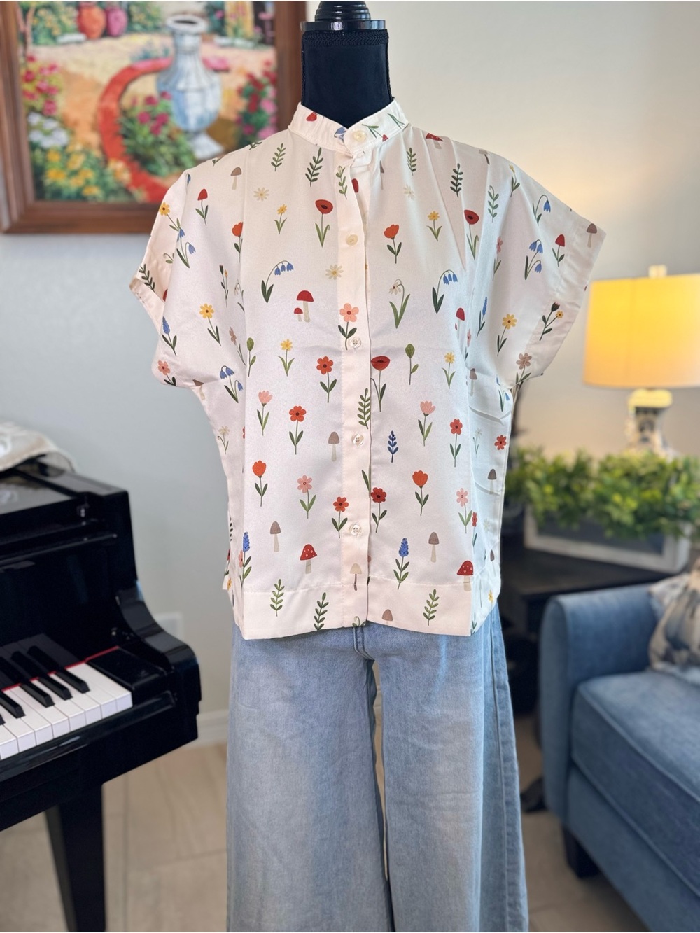 Floral Print Button-Front Top - Picture 7 of 13
